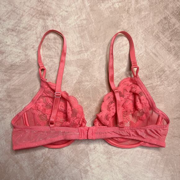 Vintage 90s Vanity Fair Floral Lace Bra Pink Mesh Polka Dot Lingerie Romantic - Picture 2 of 9